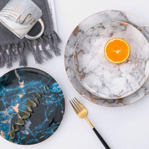 European style marble tiles inlaid in gold porcelain from table in ceramics plate from dessert salad plate from steak cake