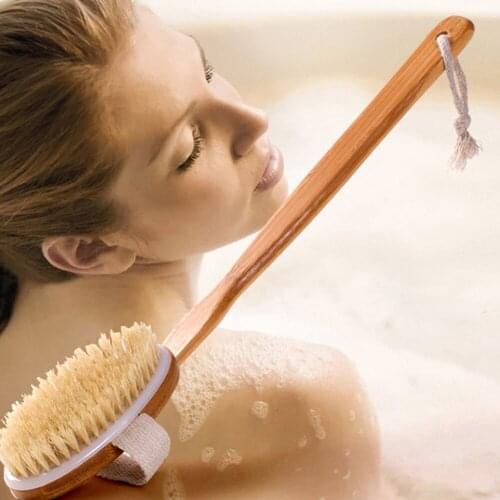 Natural Bath Brush With Long Wooden Handle Shower Body Brush With Detachable BristlesBack Cleaning Brush Exfoliating Scrubber