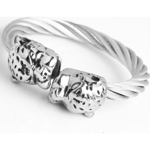 Not Fade Titanium Stainless Steel Silver Color Leopard Head Wire Twisted Chain Cuff Bangle Cool Mens Jewelry Gift Wholesale 87G