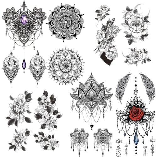Fake Jewelry Temporary Tattoo For Women Black Mandala Henna Flower Tattoos Sexy Camellia Feather Rose Back Chest Pendants Tatoos