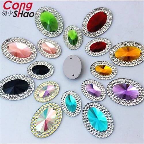 Cong Shao 100PCS 13*18/18*25mm Colorful Oval Resin Rhinestone Trim Flatback Stones Crystals Sewing 2 Hole Costume Button CS473