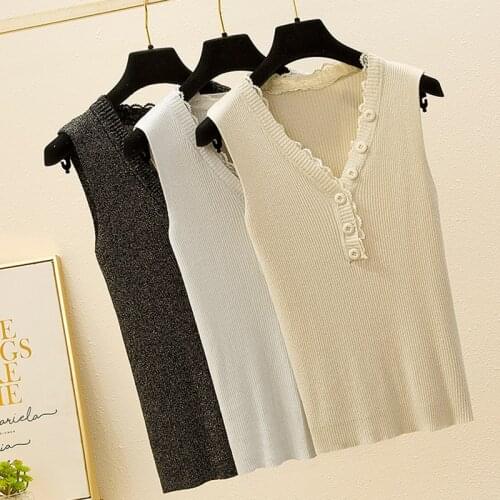 2021 Summer New Lace Knitted Women Tank Tops Bright Silk V-Neck Sleeveless Slim Lady Elegant Buttons T-Shirts White Tank Top