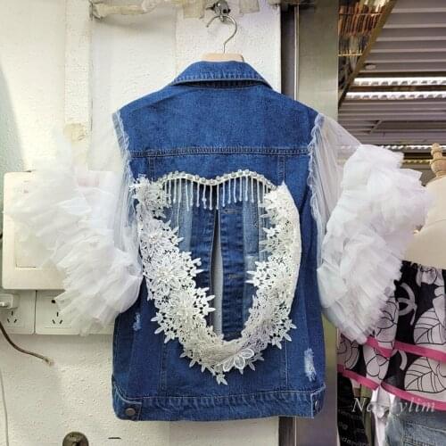 Denim Vest Woman 2021 Autumn New Back Hollow Lace Diamond Machine Embroidery Exposed Back Jean Coat Veste Femme Waistcoats