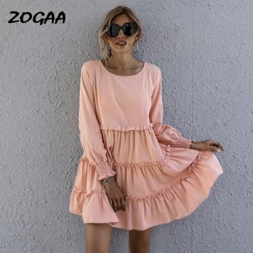 ZOGAA Dress Women Autumn New Casual Round Neck Solid Loose Cake Skirt Above Knee Sweet A-LINE Patchwork Plus Size Female Chic