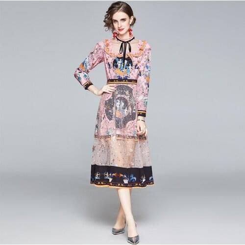 High-End Sequins Vintage Embroidery Womens Dress Hollow Out Long Sleeve Stand Collar Mermaid Print Mesh Patchwork Dress