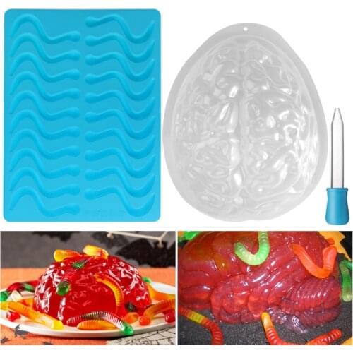 BESTONZON Brain Mold Set Jello Mold Gummy Worm Silicone Molds Halloween Brain Gelatin Mold Gummy Worm Mold