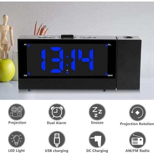 Hot Projection Alarm Clock Large Digital 180 ° Rotatable Clock Dual Alarm with FM Radio Bedside 2 USB Charging Port