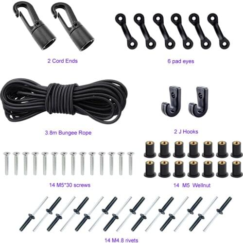 1 Set Marine Kayak Deck Rigging Elastic Rope Bungee Nylon C and J Buckle with Rivets Screws for Kayaks Canoes Boat Accessories