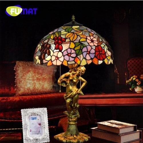 FUMAT European Retro Tiffany Stained Glass Blue Dragonfly and Rose Flower Art Living Room Dining Room Bedroom Bedside Table Lamp