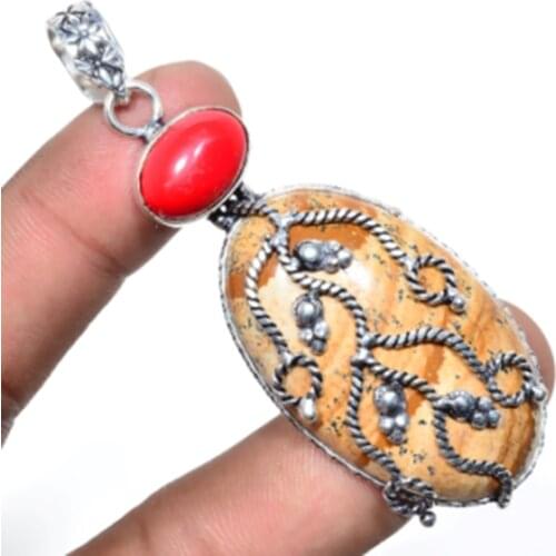 Picture Jaspers,Coral Pendant Silver Overlay over Copper, 77 mm , P5338