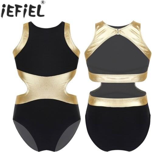 Kids Girls Sleeveless Ballerina Metallic Splice Back Side Waist Cutouts Ballet Dance Wear Gymnastics Leotard Turnpakje Jumpsuit