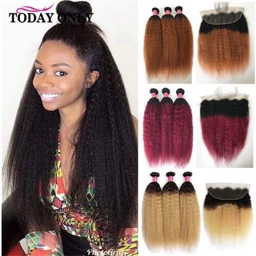 Kinky Straight Hair Bundles With Lace Frontal Closure Brazilian Ombre Human Hair Weave Bundles With Frontal 13x4 Free Part Remy