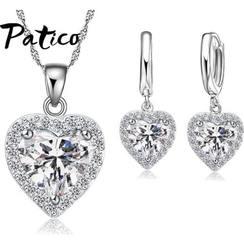 Trendy 925 Sterling Silver Jewelry Set For Women Love Heart AAAA CZ Stone Charm Pendants Necklaces Earrings Anniversary Gift