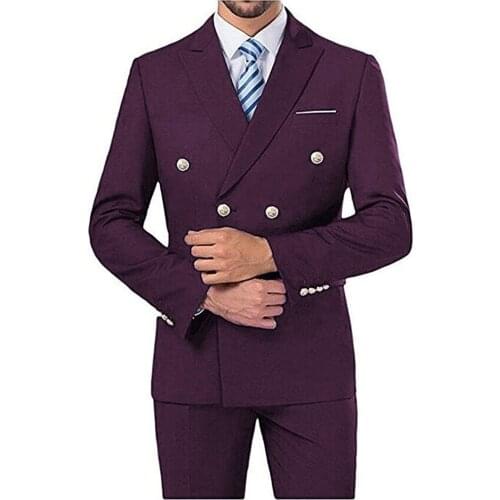New Men Suits 2 Pieces Wedding Double Breasted Blazer Pants Set Formal Business Suits Black Gray Purple Green Blue