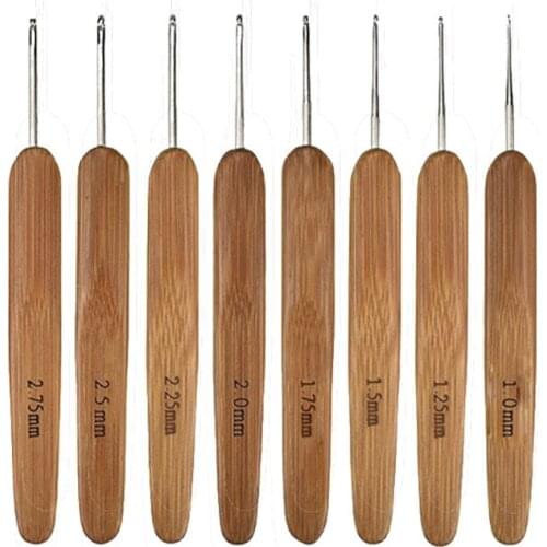 8 Pcs Bamboo Crochet Hooks Set Small Lace Crochet Needles 1.0-2.75mm Knitting Needles Handle Weave Yarn Sewing Tools