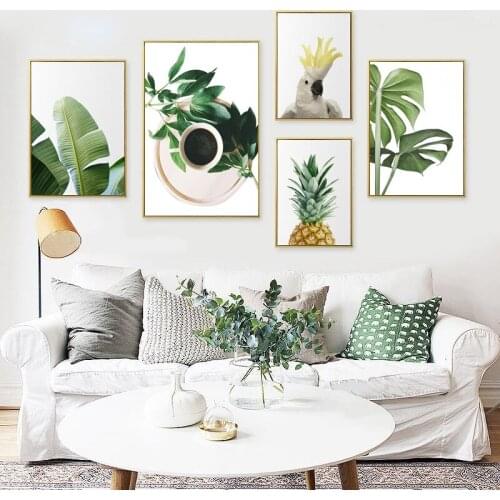 Tropical wall art canvas painting pineapple coffee newspaper sea and print palm green banana leaf picture living room kitchen
