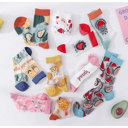 Harajuku Creative Crystal Silk Socks Cartoon Strawberry Fruit Breathable Glass Silk High Quality Casual Transparent Socks Women