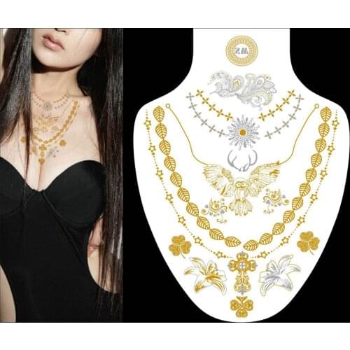 Wholesale Excellent 200pcs Unique Temporary Tattoo Luxury Necklace Tattoo Sticker Removable Gold Silver Waterproof Metal Tattoo