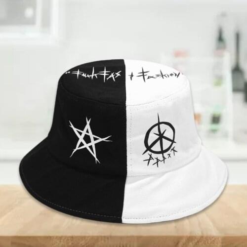 Unisex Black White Color Block Hip Hop Bucket Hat Harajuku Graffiti Star Printed Outdoor Foldable Panama Fisherman Cap 85LB
