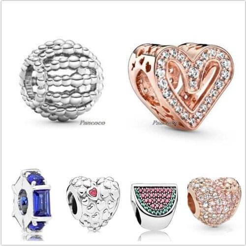 Authentic 925 Sterling Silver Rose Sparkling Freehand Heart With Crystal Charm Beads Fit Pandora Bracelet & Necklace Jewelry