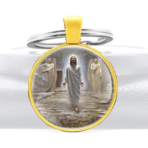 Resurrection of Jesus Glass Dome Pendant Key Chain Charm Men Women Key Rings Christian Jewelry Gifts Keychains