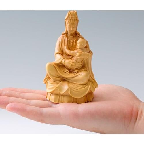 Boxwood 10CM Guanyin Sculpture Wood Buddha Statue Feng Shui Guan Yin with Boy Home Decor