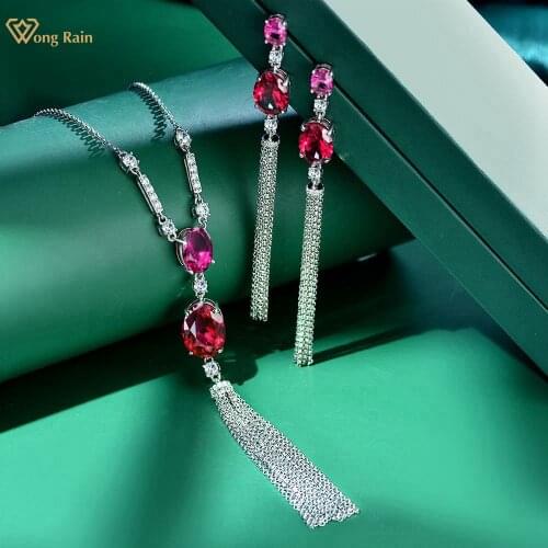 Wong Rain 925 Sterling Silver Oval Cut Ruby Created Moissanite Gemstone Elegant Tassel Earrings/Pendant/Necklace Jewelry Set