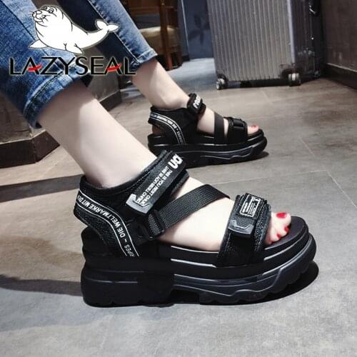 LazySeal Designers Fashion Women Platform Sandals Black Chunky Sandal Sports 8cm Wedge Shoes For Woman Summer Casual Shoes 2020