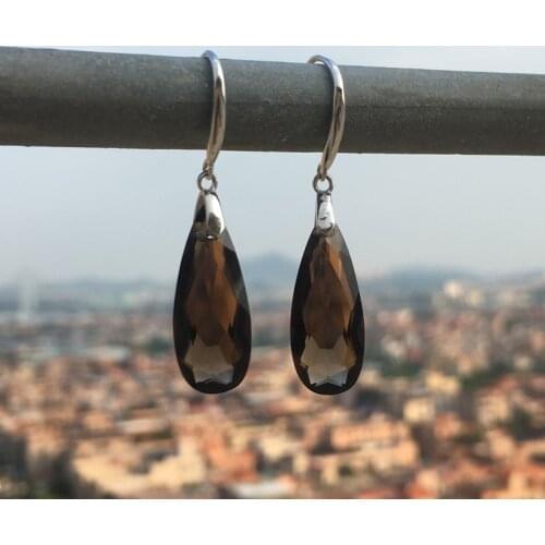 CSJ Real smoky quartz gemstone Earring Sterling 925 Silver Pear9*22mm 11Ct Fine Jewelry For Women Lady or mother Party Gift Box