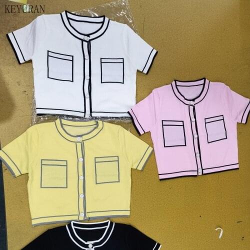 Pink Thin Knitted Cardigan Sweater Women 2021 New Summer O-Neck Short Sleeve Single Breasted Knit T-shirt Female Tees Tops White