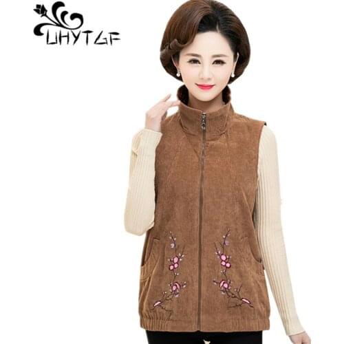 UHYTGF Vests for women fashion embroidered spring vest waistcoat sleeveless zipper Short coat corduroy loose plus size vest 1451