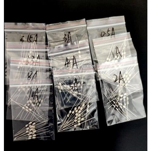 10Kind 100Pcs/lot 3.6*10mm 250V Double Pin Fast blow Glass fuse with lead wire Mix Set 0.5A 1A 2A 3A 3.15A 4A 5A 6.3A 8A 10A