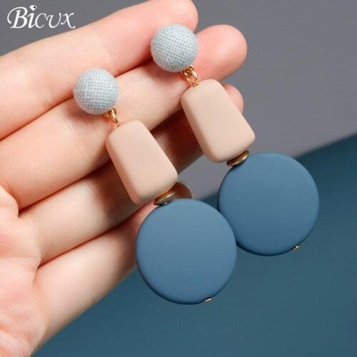 BICUX New Fashion Wood Dangle Drop Korean Earrings For Women Geometric Blue Acrylic Earring 2019 Bohemia Wedding Brincos Jewelry