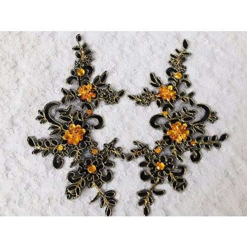 Handmade black sew on crystal patches sequins Rhinestones lace applique 23*10cm for top dress skirt