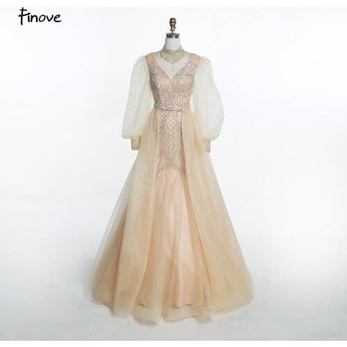 Finove 2021 Evening Dress Gold Luxury Ball Gowns Long Sleeves Beading With Pearls For Women Party Gown