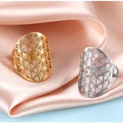 Dawapara Flower of Life Talisman Resizable Finger Rings for Men Women Hollow Adjustable Ring Stainless Steel Jewelry
