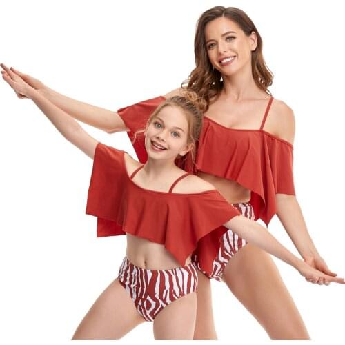 Family Matching Two Pieces Swimsuits Solid Color Off Shoulder Ruffles Top+Floral Bottoms Parent-Child Mother Daughter Beachwear