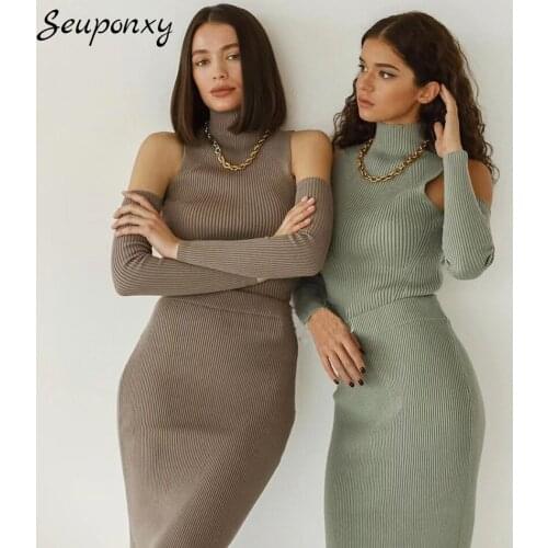 High Quality Hollow Knitted Slim WomenS Two-Piece Set 2021 Autumn Sexy Half High Neck Pullover + High Waist Skirt Casual Set