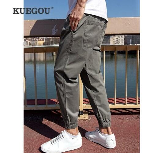 KUEGOU 2021 Autumn Cotton Elastic Waist Gray Casual Cargo Pants Men Classic Brand For Male Wear Work Pocket Long Trousers 3021