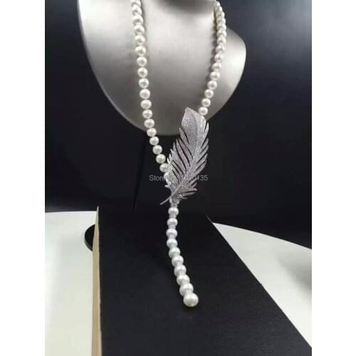 Freshwater pearl white near round 8-9mm and zircon leaves clasp necklace 45inch fashion