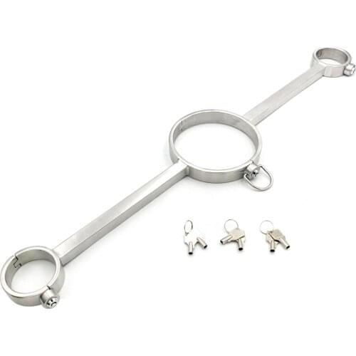 Press Lock Design Stainless Steel Bondage Yoke Pillory Restraints Handcuffs Wrist Cuffs Neck Collar Adult Sex Toy For Male Femal