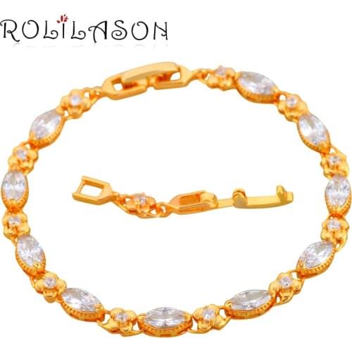 ROLILASON Distinctive White Crystal yellow Gold Tone Bracelets for women Party Trinket Fashion Jewelry TB1116