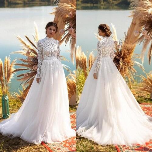 Spring A Line Wedding Dresses Jewel Long Sleeves Lace Appliques Bridal Gowns Custom Made Button Back Sweep Train Wedding Dress