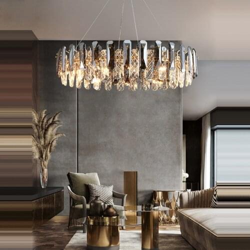 LED Postmodern Smoky Grey Crystal Round Chandelier Lighting Lustre Hanging Lamps Suspension Luminaire Lampen For Foyer