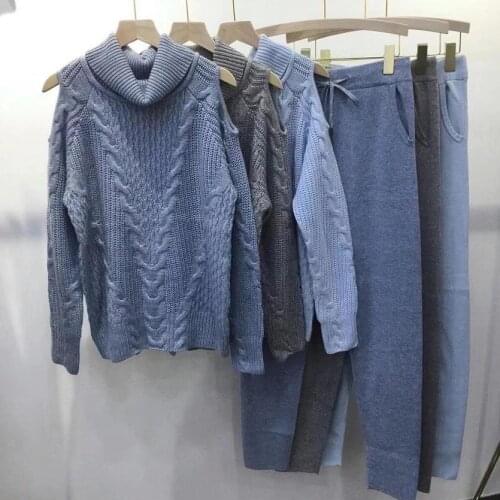 Cashmere + Woolen beading Knit warm sets Strapless Velvet Sweater + Mink Cashmere Trousers Leisure Two-piece elastic suits wq107