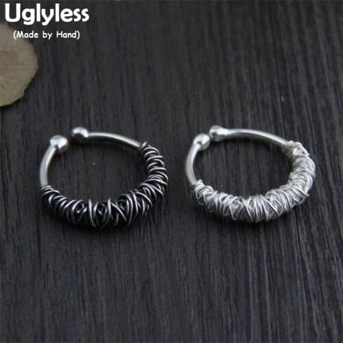 Uglyless Real S 999 Silver Handmade Entangled Weave Texture Finger Rings Neutral Designer Lovers Open Ring Twisted Fine Jewelry