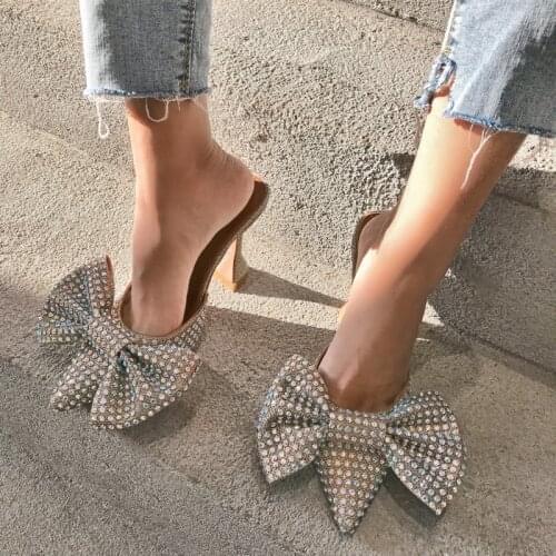 2020 Runway Bling Crystal Big Bowknot Women Slippers Sexy Pointed Toe High Heels Summer Sandals Women Pumps Fashion Mules