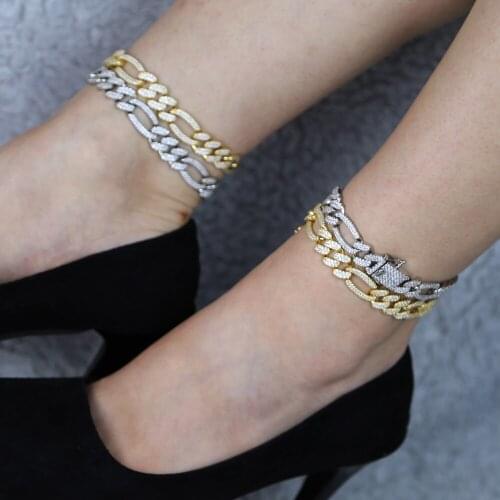 9" 10" women leg chain iced out bling 5A cz 12mm width Figaro cuban link chain anklet