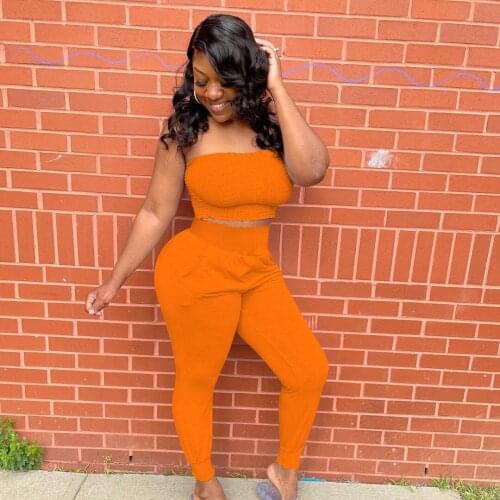 Solid Tracksuit Woman Slasjh Neck Ruched Tube Crop Top + Pencil Pants Slim Two Piece Set 2021 Summer Sexy Streetwear Clothing