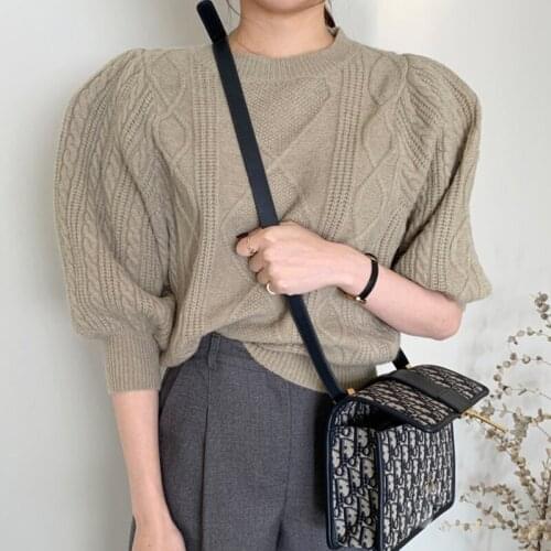 Women Sweater 2021 New Autumn Retro Round Neck Pullover Loose Solid Color Lantern Sleeve Knit Sweaters Women Clothes